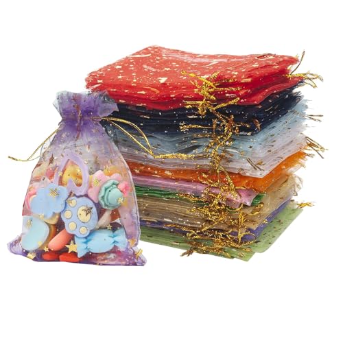 FACATH 100 Stück Organzasäckchen 7x9cm, Organza Säckchen Bunt, Säckchen zum Befüllen, Organzabeutel mit Kordelzug für Schmuckbeutel, Hochzeit-Säckchen, Festivalparty (Stern) von FACATH