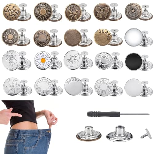 Verstellbare Taille Schnalle, Jeans Button Replacement No Sew: 20 Sets Metallknöpfe für Hosen - sofort verstellbare Knöpfe - enthält einen abnehmbaren Schraubendreher von FACATH