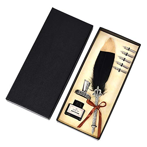FACDEM Vintage Kalligraphie-Feder-Tauchstift, modischer Stiftgriff, 2/5 Spitze, Schreibtinten-Set, Füllfederhalter, Schreibset, Geburtstags- / Weihnachtsgeschenk (5 Federn, Schwarz B) von FACDEM