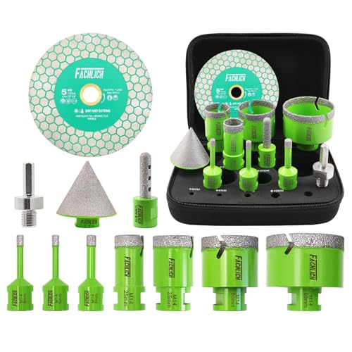 FACHLICH Diamant Fliesenbohrer Set Lochsäge - 11 Stück (6/6/8/25/35/50/68mm+10mm Fingerfräser+50mm Fasenbohrer+Adapter+125mm Trennscheibe) Lochsäge Set M14 Gewinde für Fliesen Marmor Granit von FACHLICH