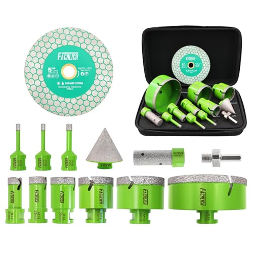 FACHLICH Diamant Fliesenbohrer Set Lochsäge - 12 Stück (6/6/8/20/25/35/50/68/110mm+20mm Fingerfräser+50mm Fasenbohrer+Adapter+125mm Trennscheibe) Lochsäge Set M14 Gewinde für Fliesen Marmor Granit von FACHLICH