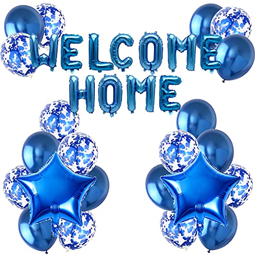 FACHY Willkommen Zuhause Banner Welcome Home Ballon mit Stern Konfetti Folien Luftballons für Hause Familie Willkommen Baby Empfang Partei Dekoration(24 Stück) (Blau) von FACHY