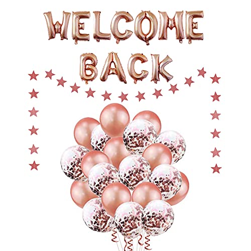 FACHY Willkommen zurück Briefe Ballon Welcome Back Banner Stern Girlande mit Roségold Konfetti Luftballons für Heimkehr, Schulanfang, Wiedervereinigung Home Family Party Dekorationen (23er Pack) von FACHY