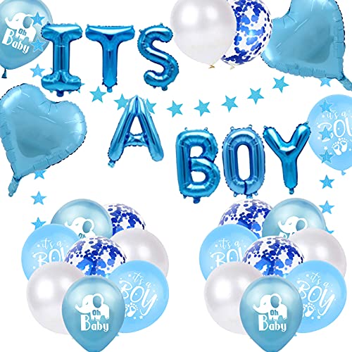Babyparty Deko Junge, Baby Shower It's a Boy Ballon Blau Stern Banner Herz Folien Ballon Elefant Fußabdruck Ballons Blau für Neutral Gender Reveal Party Dekoration Boy von Fechy