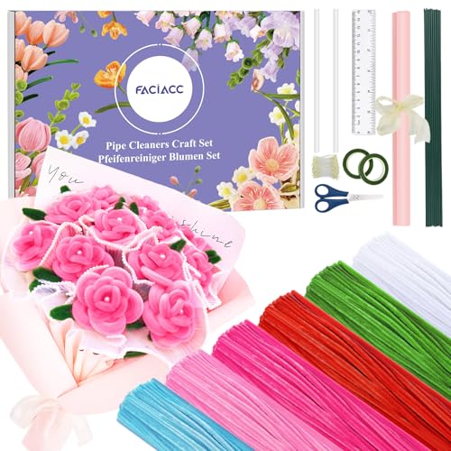 FACIACC 600 Stück Rose Pfeifenreiniger Blumen Set, Chenille-Blumenstiele in 6 Farben für Selbstgemachte Blumensträuße, inklusive Blumendraht, Klebeband, Staubgefäßen, Geschenkpapier, Schere von FACIACC