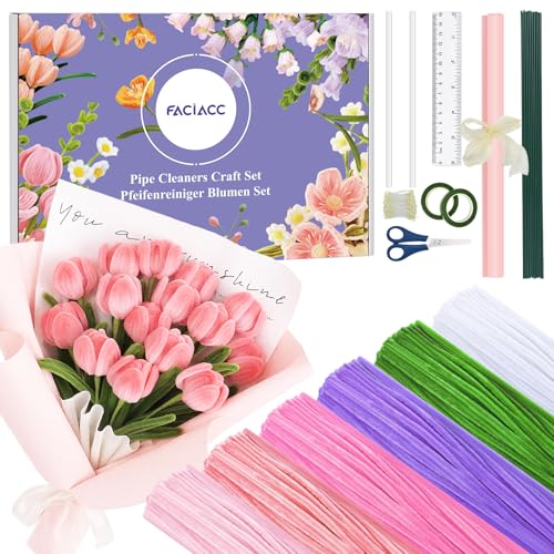 FACIACC Tulpenstraußes Pfeifenreiniger Blumen Set, 600 Stück Chenille-Blumenstiele in 6 Farben für Selbstgemachte Blumensträuße, inklusive Blumendraht, Klebeband, Staubgefäßen, Geschenkpapier, Schere von FACIACC