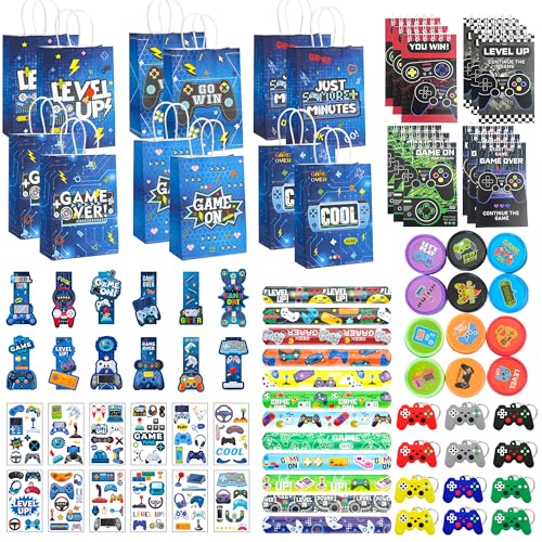 FACLJSSX Videospiel-Partytütenfüller, Gaming-Partygeschenke, Geschenktüten, Tattoos, Aufkleber, Schlüsselanhänger, Notizbücher, Lesezeichen, Slap Armband für Geburtstagsparty, Dekorationen FACLJSSX Videospiel-Partytütenfüller, Gaming-Partygeschenke, Geschenktüten, Tattoos, Aufkleber, Schlüsselanhänger, Notizbücher, Lesezeichen, Slap Armband für Geburtstagsparty, Dekorationen von FACLJSSX