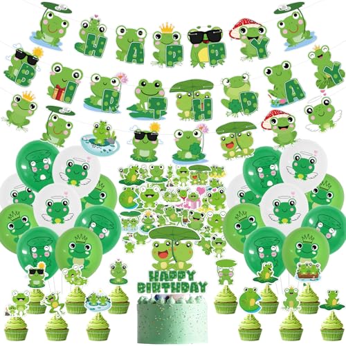 Frosch Geburtstagsparty-Dekorationen, niedlicher Frosch Partyzubehör, niedlicher Frosch Happy Birthday Banner, niedliches Frosch-Banner, Frosch-Kuchenaufsätze, Frosch-Latex-Luftballons, von FACLJSSX