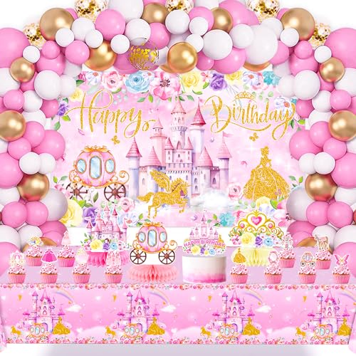 Prinzessinnen-Geburtstagsdekorationen, rosa Prinzessinnen-Party-Dekorationen, Happy Birthday-Hintergrund, Tortenaufsatz, Tafelaufsatz, Tischdecke, Luftballons, Bogen für rosa Schloss Prinzessinnen-Geburtstagsdekorationen, rosa Prinzessinnen-Party-Dekorationen, Happy Birthday-Hintergrund, Tortenaufsatz, Tafelaufsatz, Tischdecke, Luftballons, Bogen für rosa Schloss von FACLJSSX