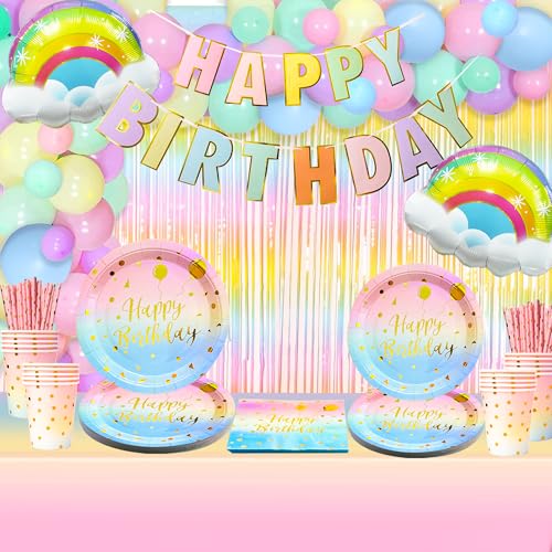 Rianbow Geburtstag Party Supplies, Pastell Party Dekoration mit Pastell Rianbow Teller Servietten Tassen Tischdecke Banner Fransen Vorhänge Luftballons für Geburtstag, Servieren 20 Rianbow Geburtstag Party Supplies, Pastell Party Dekoration mit Pastell Rianbow Teller Servietten Tassen Tischdecke Banner Fransen Vorhänge Luftballons für Geburtstag, Servieren 20 von FACLJSSX