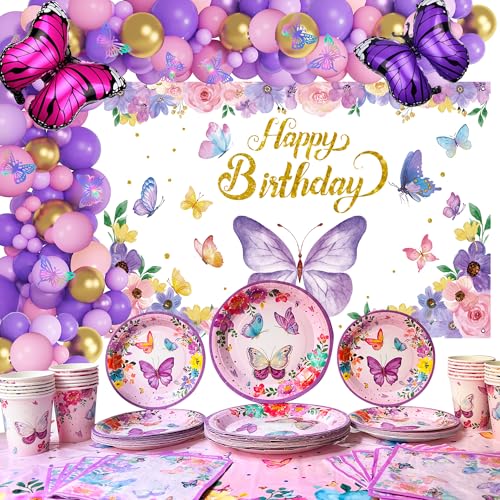 Schmetterling Geburtstag Party Dekoration, Lila Rosa Schmetterling Ballon Bogen Party Geschirr Happy Birthday Hintergrund für Sommer Blumen Supplies, Serves 20 von FACLJSSX