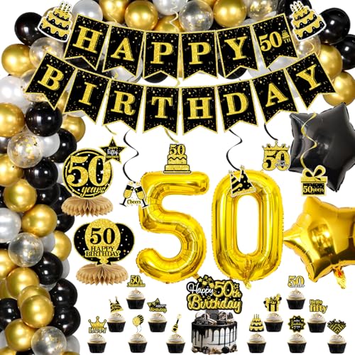 Schwarz Gold Happy 50th Birthday Dekoration Happy 50th Birthday Banner Ballonbogen Kit Hängende Wirbel 50th Folienballon 50th Centerpiece für 50th Birthday Party 50th Birthday Supplies (50th) von FACLJSSX