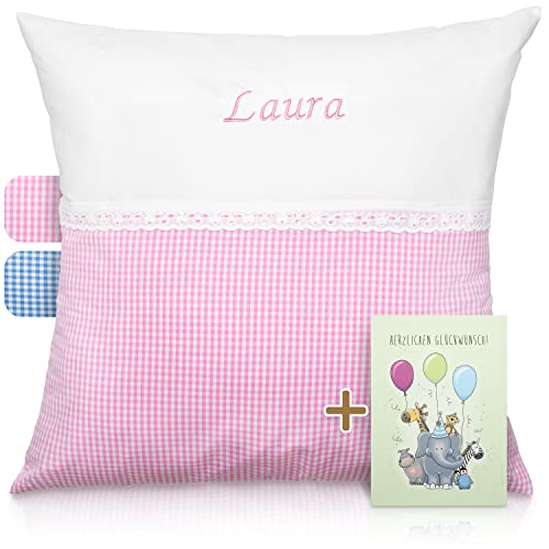 FADENZAUBER Babykissen personalisierbar mit Namen inkl. Glückwunsche für Jungen & Mädchen (50_x_50_cm, Rosa- Kariert) von FADENZAUBER Design for Kids