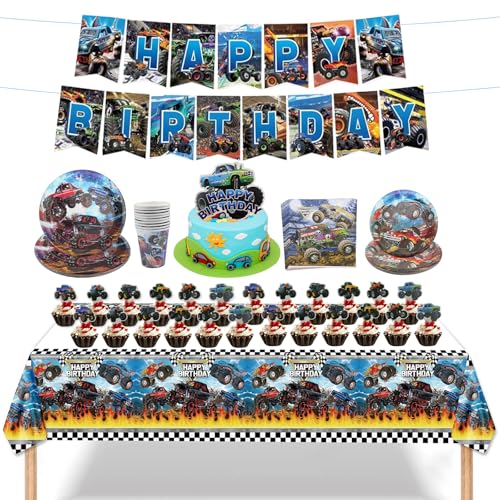 Monster Truck Partygeschirr Set Pappteller Kindergeburtstag Monster Truck Geburtstag Deko Monster Party Pappteller Becher Tischdecke Servietten Banner Kuchenkoteletts für Jungen Mädchen 10 Gäste von FAELNK