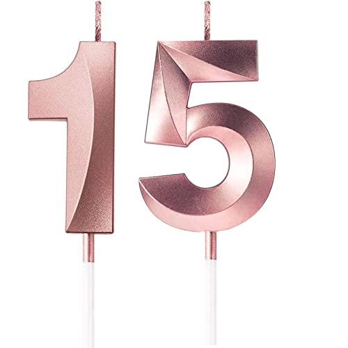 15th Geburtstagskerzen, FAINCA Zahlen Kerzen, 5 CM Roségold Geburtstagskerze, für Geburtstagskerzen für Torte Jubiläum, Meilensteinzeitalter von FAINCA
