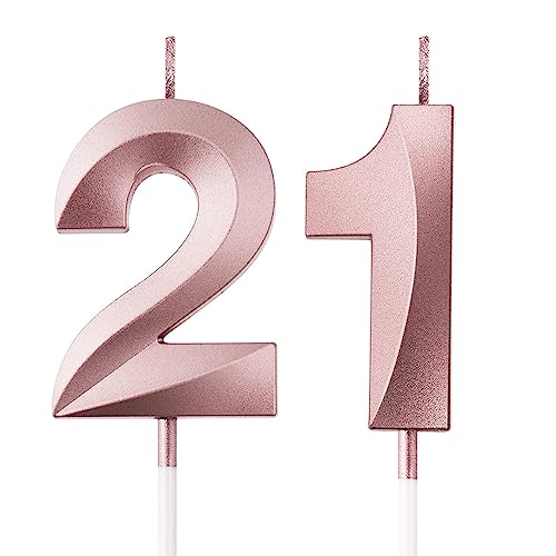 FAINCA 21 Geburtstagskerzen, 3D Kerzen Geburtstag, 5CM Roségold Geburtstagskerzen Zahlen, Helle Geburtstagskerze, Tortendeko Geburtstag, Kerzen Kuchen für Geburtstagsdeko (Nummer 21) von FAINCA