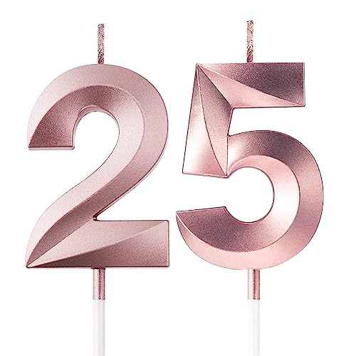 FAINCA 25 Geburtstagskerzen, 3D Kerzen Geburtstag, 5CM Roségold Geburtstagskerzen Zahlen, Helle Geburtstagskerze, Tortendeko Geburtstag, Birthday Candles für Geburtstagsdeko (Nummer 25) von FAINCA