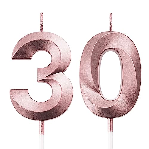 FAINCA 30 Geburtstagskerzen, 3D Kerzen Geburtstag, 5CM Roségold Geburtstagskerzen Zahlen, Helle Geburtstagskerze, Tortendeko Geburtstag, Birthday Candles für Geburtstagsdeko (Nummer 30) von FAINCA