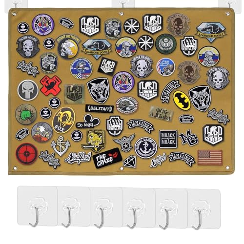 FAINCA 60 x 45Cm Klettwand Faltbar Patchwand mit Ösen Klettfläche mit 6 Haken Velcro Patch Patch Wand Patchwand Klett Organizer Display Tafel für Namensfelder ID-Patches PVC-Patch (Braun) von FAINCA