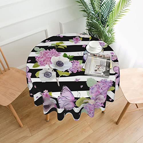 Gestreifte Tischdecke mit Blumen- und Schmetterlings-Aufdruck, rund, waschbar, perfekt zum Schutz und Dekorieren Ihres Esstisches von FAIRAH