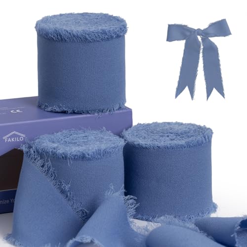 Dusty Blue Ribbon Chiffon-Band zum Verpacken von Geschenken, FAKILO Fransenband 3 Rollen 3,8 cm x 19,5 m Vintage-Band-Set für Hochzeitseinladungen, Geburtstags-/Urlaubsparty-Dekorationen, Brautsträuße von FAKILO