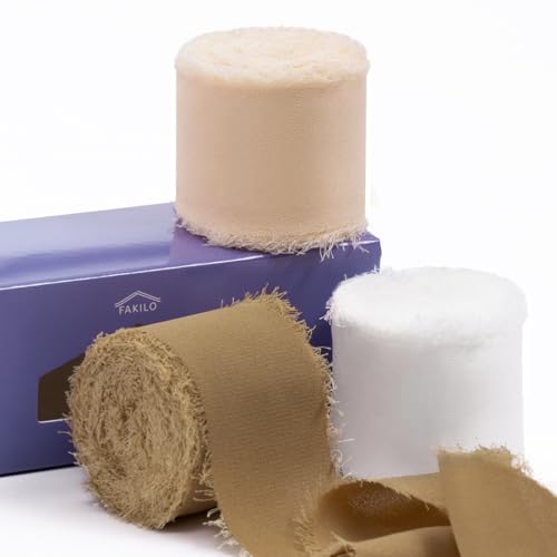 FAKILO Chiffonband-Set – Seiden-Chiffonband, 3 Rollen, 3,8 cm x 7 m, mit ausgefranstem Rand für Hochzeitseinladungen, Brautsträuße, Geschenkverpackungen, Bastelarbeiten von FAKILO