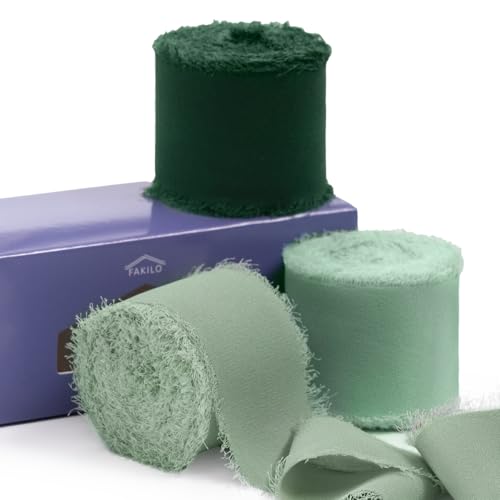FAKILO Chiffonband mit ausgefranstem Rand, 3 Rollen, 3,8 cm x 7 m, für Hochzeitseinladungen, Brautsträuße, Geschenkverpackungen, Bastelarbeiten, Grün, 3 Rollen von FAKILO