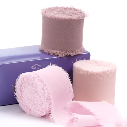 FAKILO Chiffonband mit ausgefranstem Rand, 3 Rollen, 3,8 cm x 2,7 m, für Hochzeitseinladungen, Brautsträuße, Geschenkverpackungen, Bastelarbeiten von FAKILO