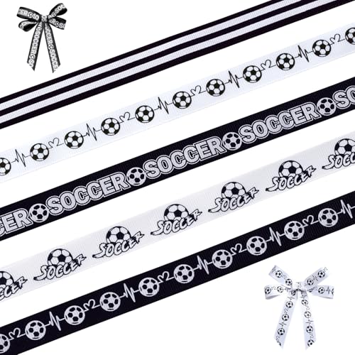 FAKILO Fussball Bänder 5 Rollen Schwarz Weiß Gestreift (Insgesamt 18m), 15mm Grosgrain Band - Ideal für Ballverpackung, Sport Party Deko, Geschenkband & Team Dekoration von FAKILO