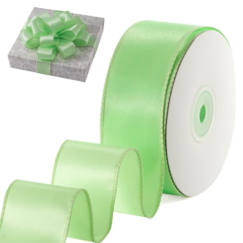 FAKILO Geschenkband Satinband mit Draht 38 mm x 18 m Schleifenband Hellgrün Drahtband dient als Geschenkband, Christbaumband, Schmuckband für Kränze, Bastelband und Hochzeitsband von FAKILO