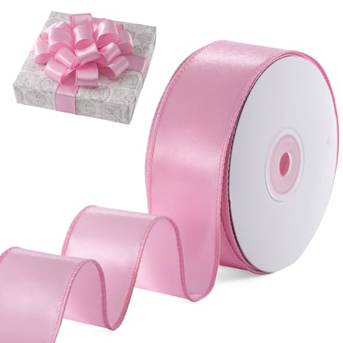FAKILO Geschenkband Satinband mit Draht 38 mm x 18 m Schleifenband Rosa Drahtband dient als Geschenkband, Christbaumband, Schmuckband für Kränze, Bastelband und Hochzeitsband von FAKILO