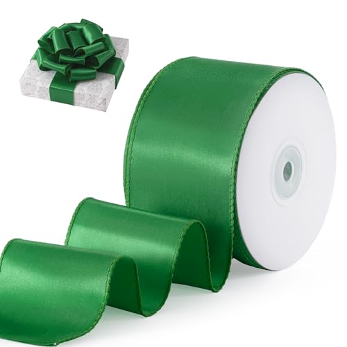 FAKILO Geschenkband Satinband mit Draht 63 mm x 18 m Schleifenband Grün Drahtband dient als Geschenkband, Christbaumband, Schmuckband für Kränze, Bastelband und Hochzeitsband von FAKILO