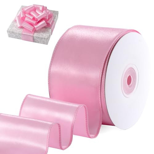 FAKILO Geschenkband Satinband mit Draht 63 mm x 18 m Schleifenband Rosa Drahtband dient als Geschenkband, Christbaumband, Schmuckband für Kränze, Bastelband und Hochzeitsband von FAKILO