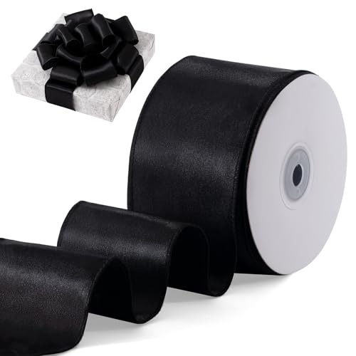 FAKILO Geschenkband Satinband mit Draht 63 mm x 18 m Schleifenband Schwarz Drahtband dient als Geschenkband, Christbaumband, Schmuckband für Kränze, Bastelband und Hochzeitsband von FAKILO
