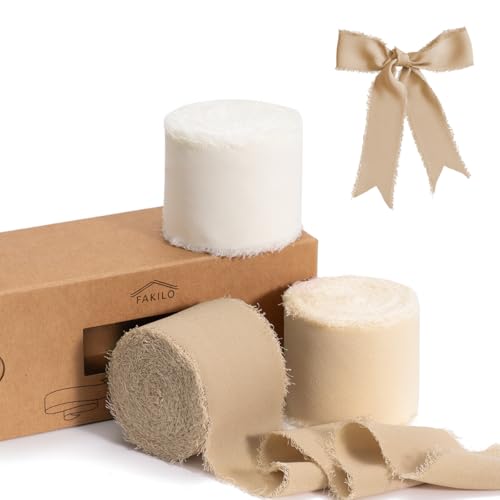 FAKILO Handgemachtes Fransen Chiffonband, 3 Rollen 4,5cm X 21m Gemischtes Fransenband Set, Chiffon-Seidenband für Hochzeitseinladungen Geschenkverpackungen Dekoband (Braunes Band-Set) von FAKILO