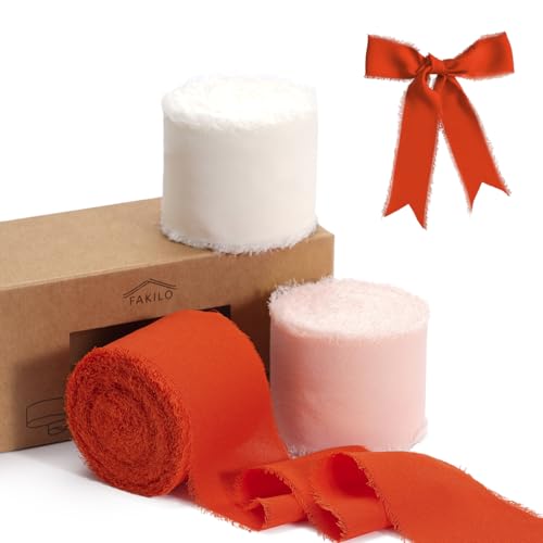 FAKILO Handgemachtes Fransen Chiffonband, 3 Rollen 4,5cm X 21m Gemischtes Fransenband Set, Chiffon-Seidenband für Hochzeitseinladungen Geschenkverpackungen Dekoband (Orange Rosa Band-Set) von FAKILO