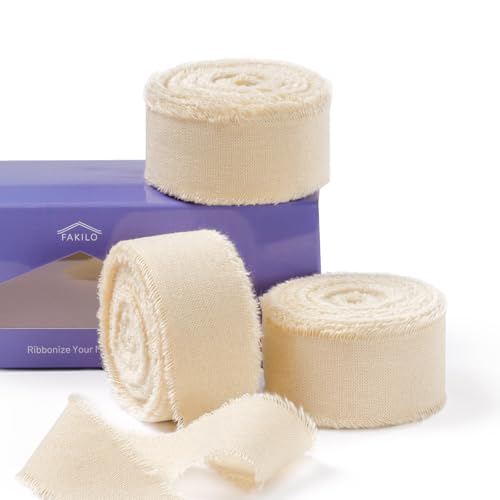 FAKILO Natürliches rustikales Baumwollband mit ausgefranstem Rand, 100% Baumwollband, Champagner, 2,5 cm x 16 m, für Vintage-Hochzeitssträuße, Einladungen, Babypartys, Geschenkverpackungen von FAKILO