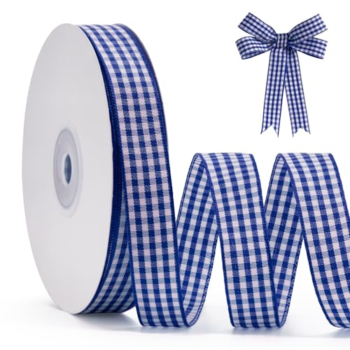 FAKILO Schleifenband Blau Gingham-Band 15mm x 22m Geschenkband Blau - Weiß Büffelkariertes Kariertes Band für Weihnachten, Geschenkverpackungen, DIY Basteln von FAKILO