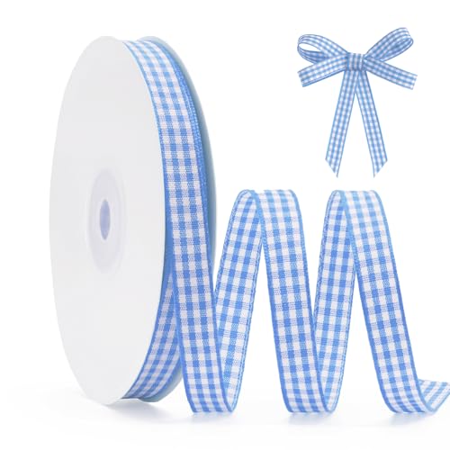 FAKILO Schleifenband Hellblau Gingham-Band 10mm x 22m Geschenkband Hellblau - Weiß Büffelkariertes Kariertes Band für Weihnachten, Geschenkverpackungen, DIY Basteln von FAKILO