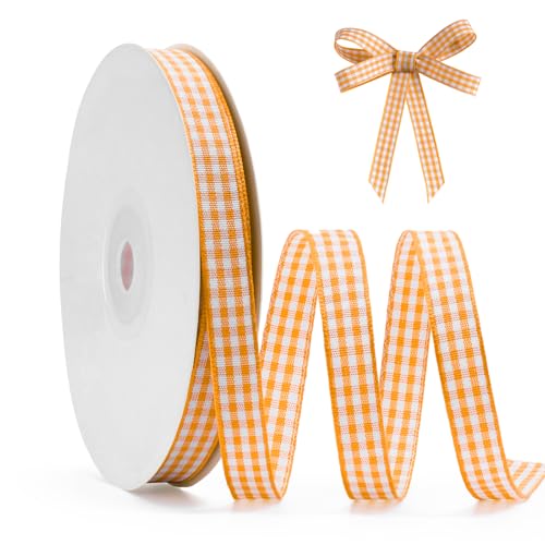 FAKILO Schleifenband Orangefarbenes Gingham-Band 10mm x 22m Geschenkband Orange - Weiß Büffelkariertes Kariertes Band für Weihnachten, Geschenkverpackungen, DIY Basteln von FAKILO