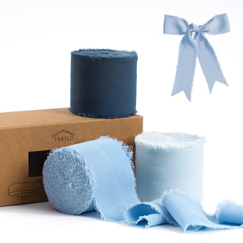 FAKILO Handgemachtes Fransen Chiffonband, 3 Rollen 4,5cm X 21m Gemischtes Fransenband Set, Chiffon-Seidenband für Hochzeitseinladungen Geschenkverpackungen Dekoband (Blaues Band-Set) von FAKILO