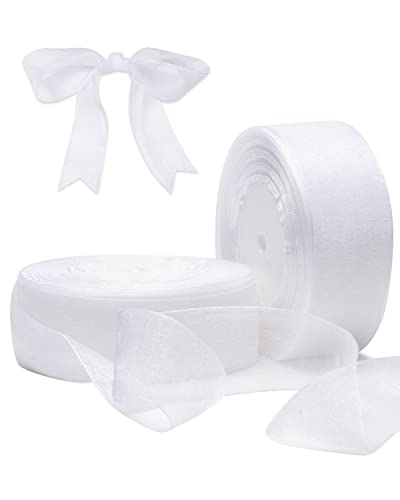 Weißes Organzaband zum Verpacken von Geschenken, FAKILO, 38 mm x 90 Meter, schimmerndes, transparentes Geschenkband mit Draht für Blumenstrauß, Hochzeit von FAKILO