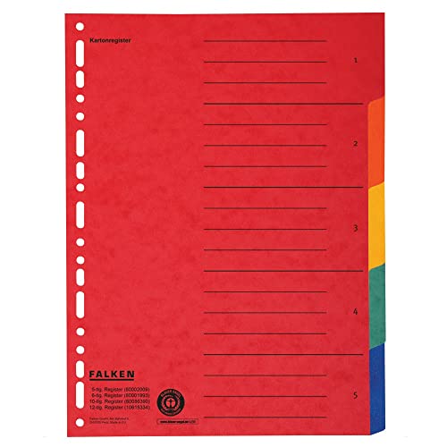 20x Original Falken Karton-Register überbreit für DIN A4+ 24,5 x 30 cm volle Höhe mit Organisationsdruck 5-teilig vollfarbig zur Ablage von Prospekt- und Klarsichthüllen von FALKEN