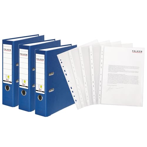 Original Falken 3er Pack PP-Color Ordner inklusive 100er Economy PP-Kunststoff Prospekthüllen transparent genarbt. Made in Germany. 8 cm breit DIN A4 blau Original Falken 3er Pack PP-Color Ordner inklusive 100er Economy PP-Kunststoff Prospekthüllen transparent genarbt. Made in Germany. 8 cm breit DIN A4 blau von FALKEN