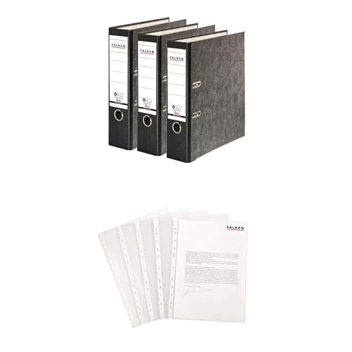 Original Falken 3er Pack Recyling-Ordner Wolkenmarmor inklusive 100er Economy PP-Kunststoff Prospekthüllen transparent genarbt. Made in Germany. 8 cm breit DIN A4 schwarz von FALKEN