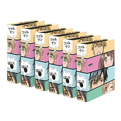 Original Falken 6-er Pack Motiv-Ordner Manga Faces. Made in Germany. 8 cm breit DIN A4 Vegan Ringordner Aktenordner Briefordner Büroordner Plastikordner Schlitzordner von FALKEN