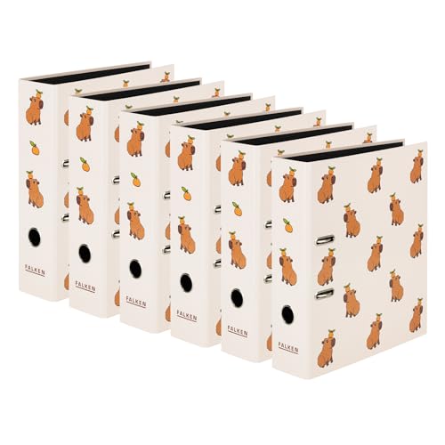 Original Falken 6er Pack Motiv-Ordner Capybara. Made in Germany. 8 cm breit DIN A4 schwarzer Innenspiegel Ringordner Aktenordner Briefordner Büroordner Plastikordner Motivordner Social Media von FALKEN