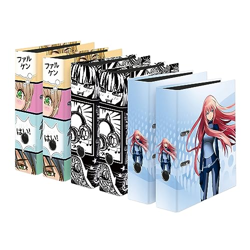 Original Falken 6er Pack Motiv-Ordner Manga sortiert. Made in Germany. 8 cm breit DIN A4 Vegan Ringordner Aktenordner Briefordner Büroordner Plastikordner Schlitzordner von FALKEN