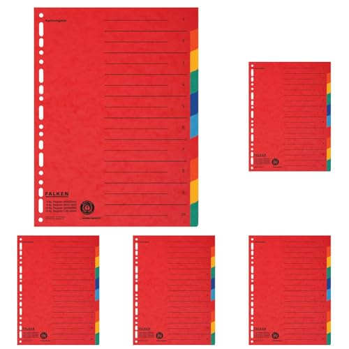Original Falken Karton-Register überbreit für DIN A4+ 240 x 297 mm volle Höhe mit Organisationsdruck 10-teilig vollfarbig 2 x 5 Farben zur Ablage von Prospekthüllen (Packung mit 5) von FALKEN