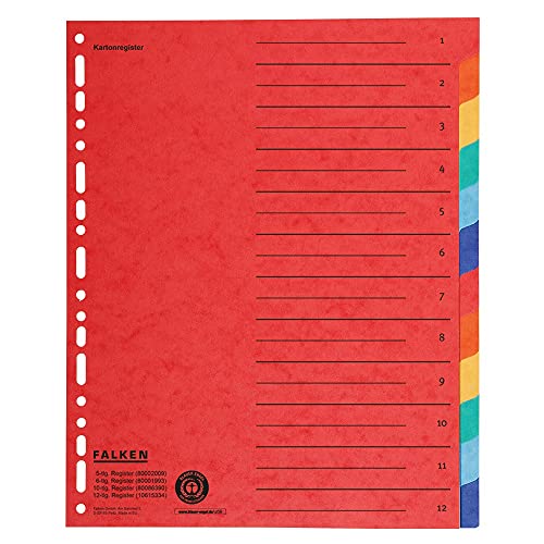 Original Falken Karton-Register überbreit für DIN A4+ 24,5 x 30 cm volle Höhe mit Organisationsdruck 12-teilig vollfarbig 2 x 6 Farben zur Ablage von Prospekthüllen von FALKEN